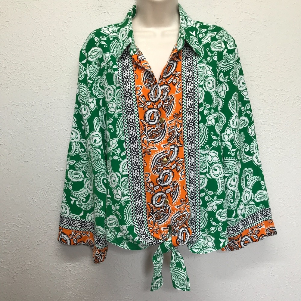 Floral & Ivy Top Womens M Green Orange Paisley 3/4 Sleeve Button Up Tie Waist
